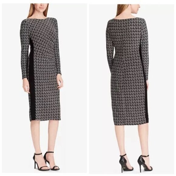 Lauren Ralph Lauren Dress 22W Black White Houndstooth Side Panel ShirredJersey - Picture 1 of 13